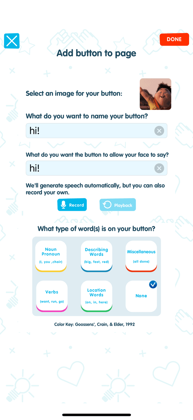 Add button form showing hi button with Record and Playback options