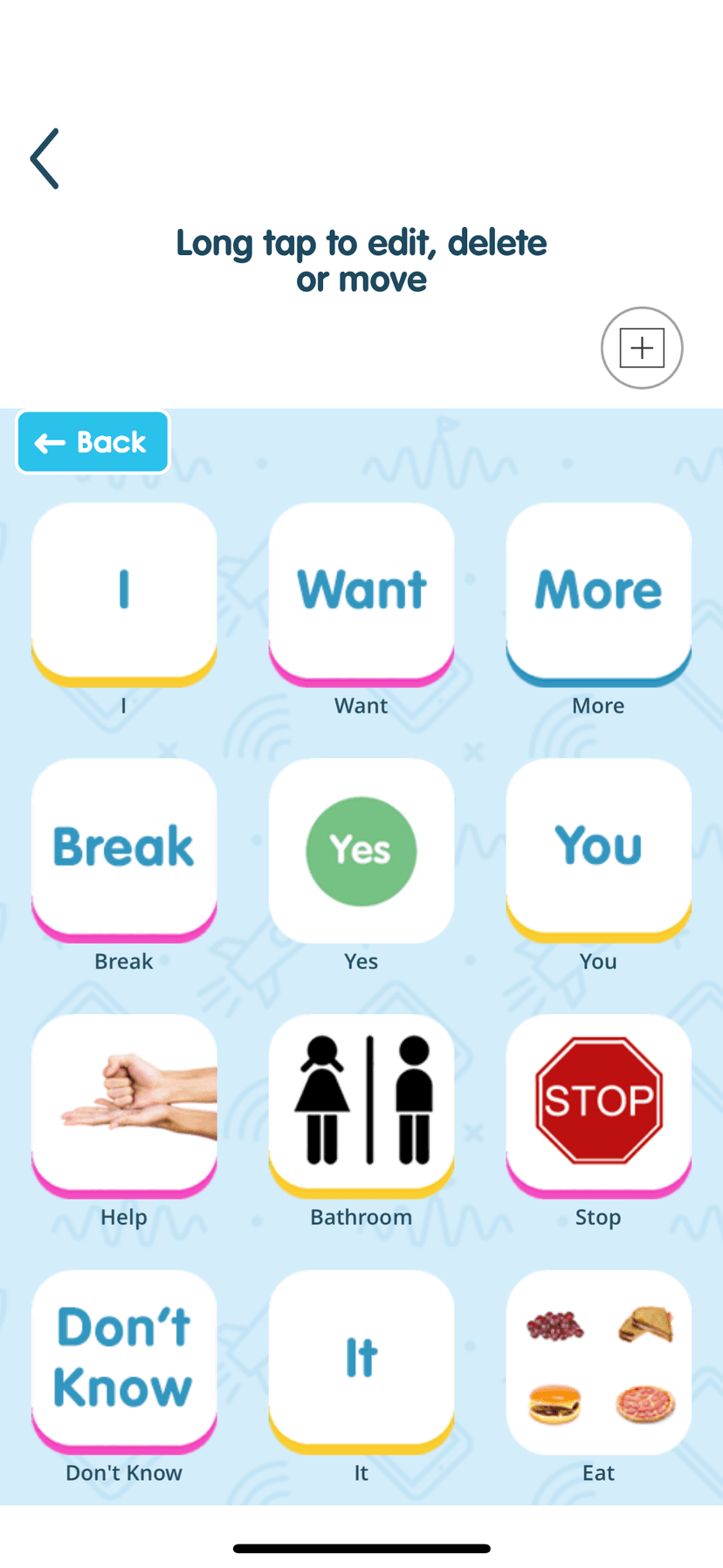 Full vocabulary grid showing color-coded word buttons by category