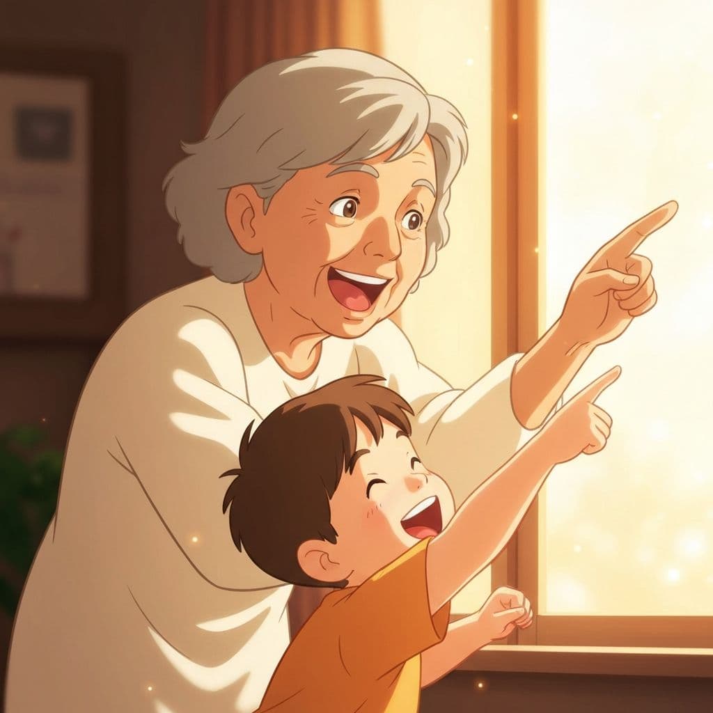 Grandmother and grandson pointing at something together