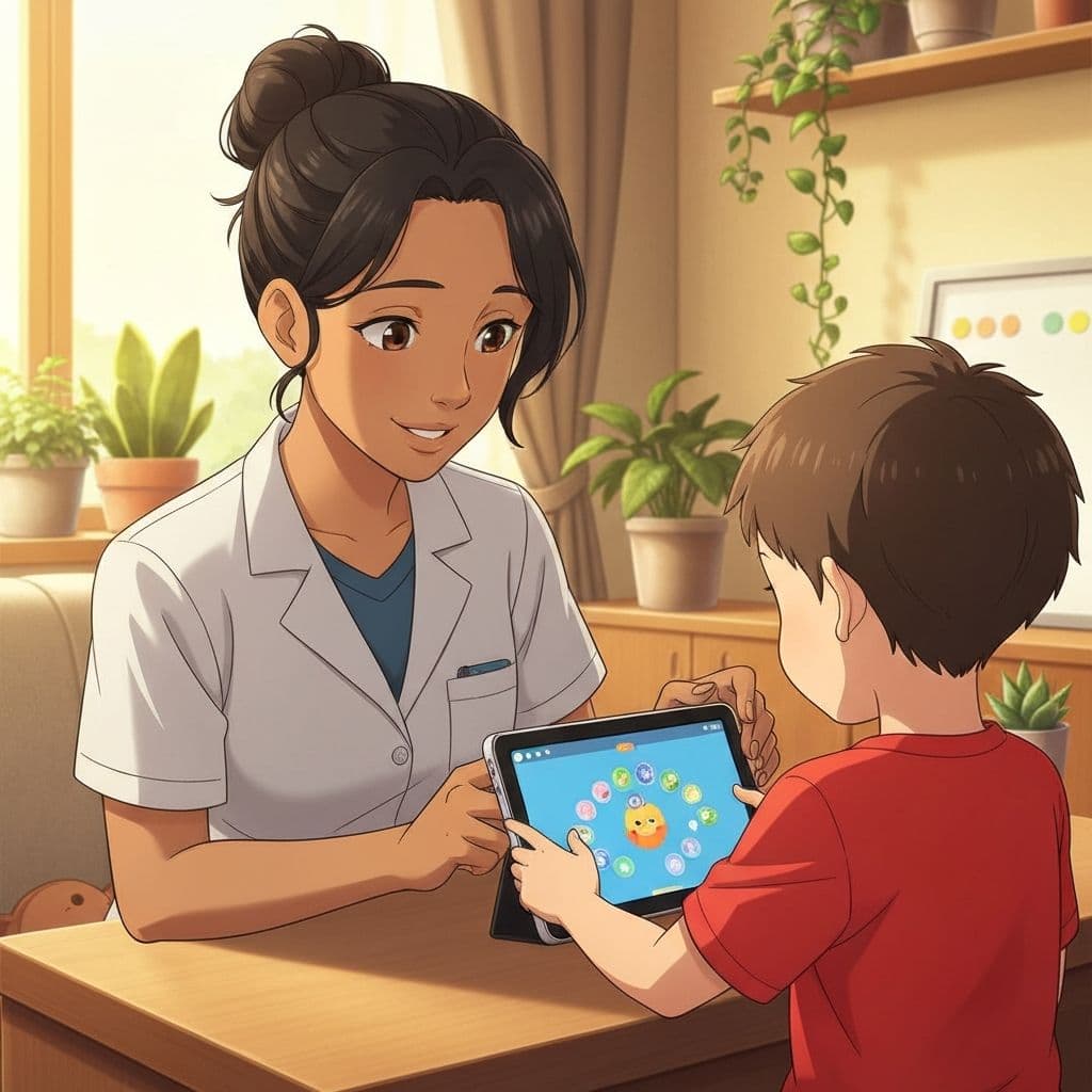 Speech-language pathologist working with a child using InnerVoice on a tablet