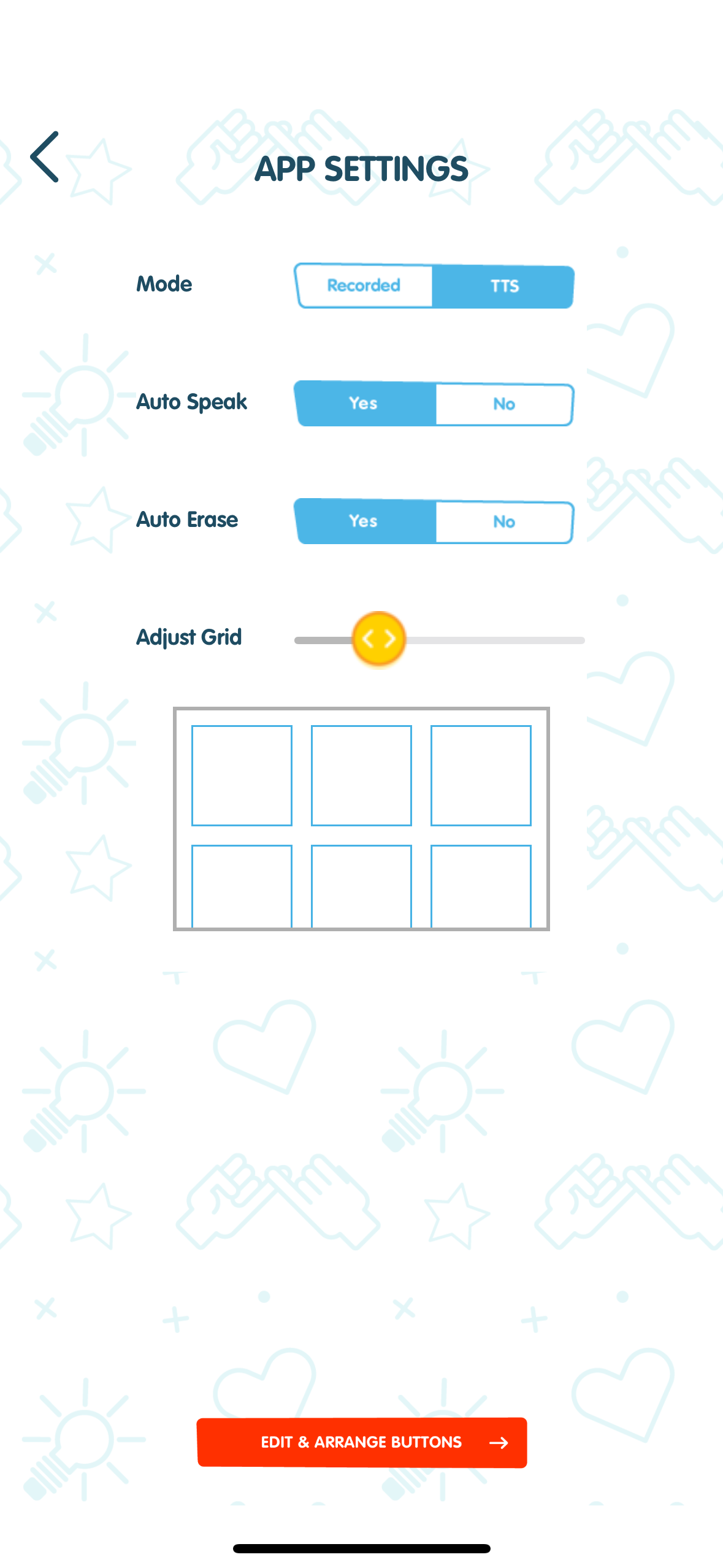 App settings screen with Mode, Auto Speak, Auto Erase, and Grid adjustment