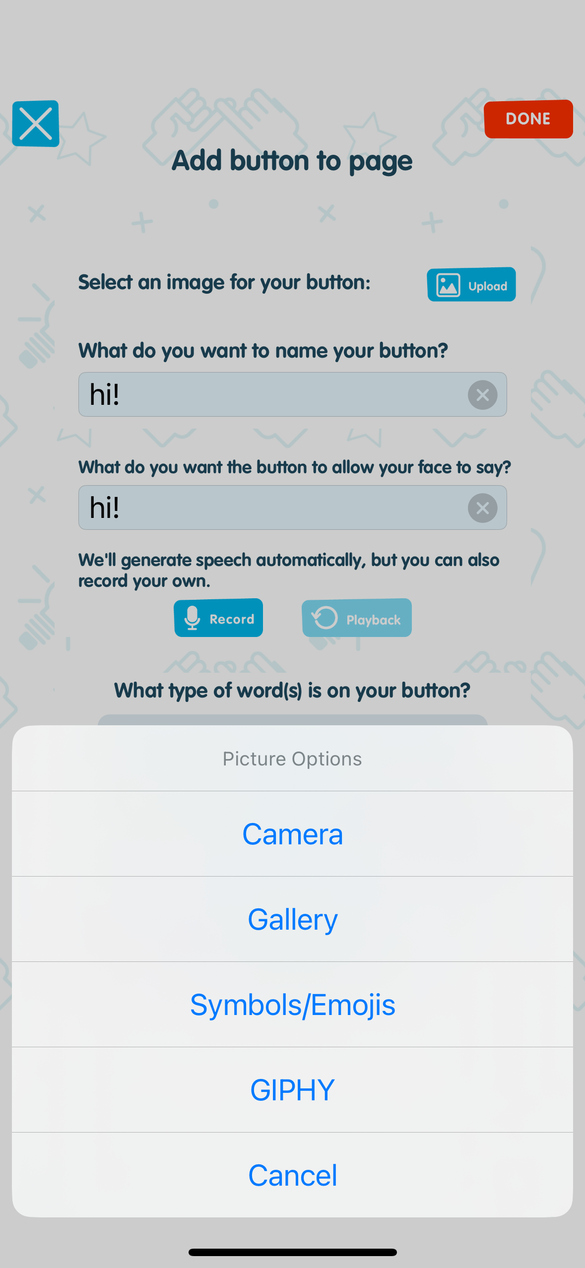 Picture options menu with Camera, Gallery, Symbols, and GIPHY