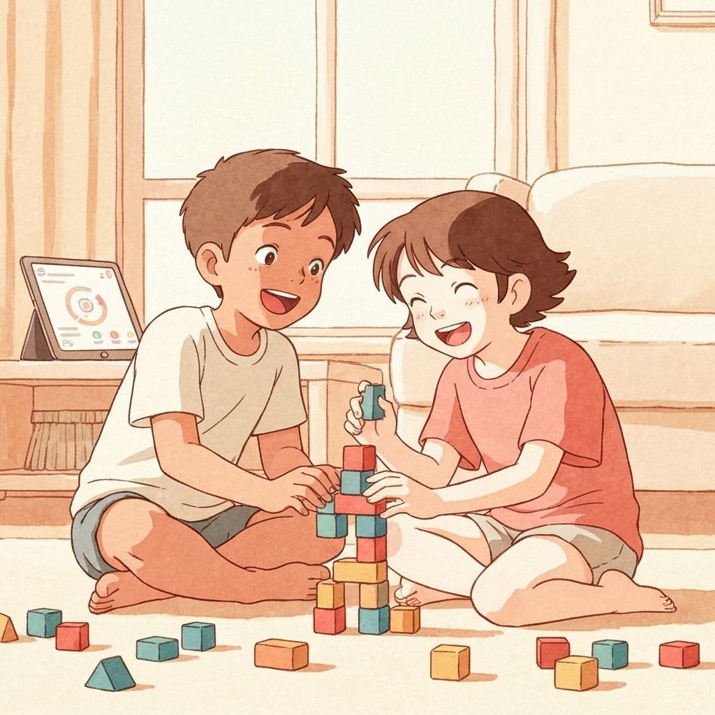 Siblings playing together with blocks